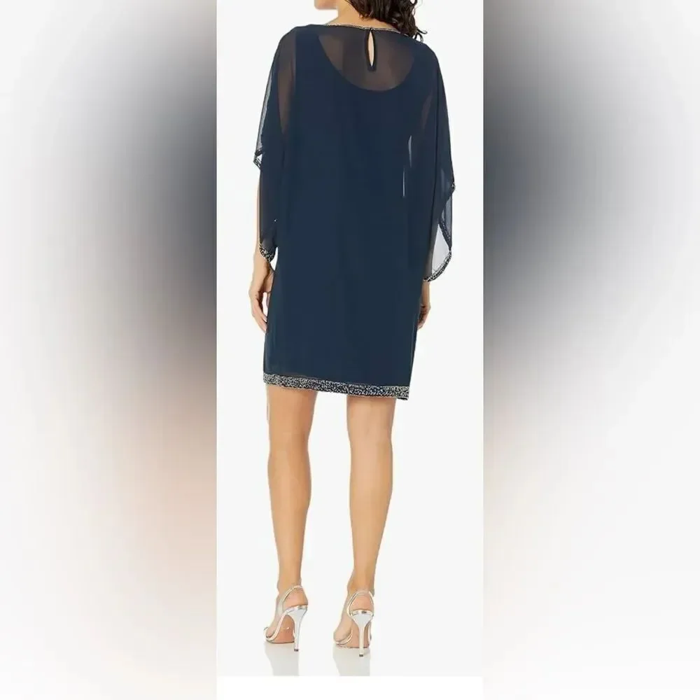 Jkara Elegant Navy Mercury Beaded Embellished Midi Dress Sheer Kaftan Plus 24W
